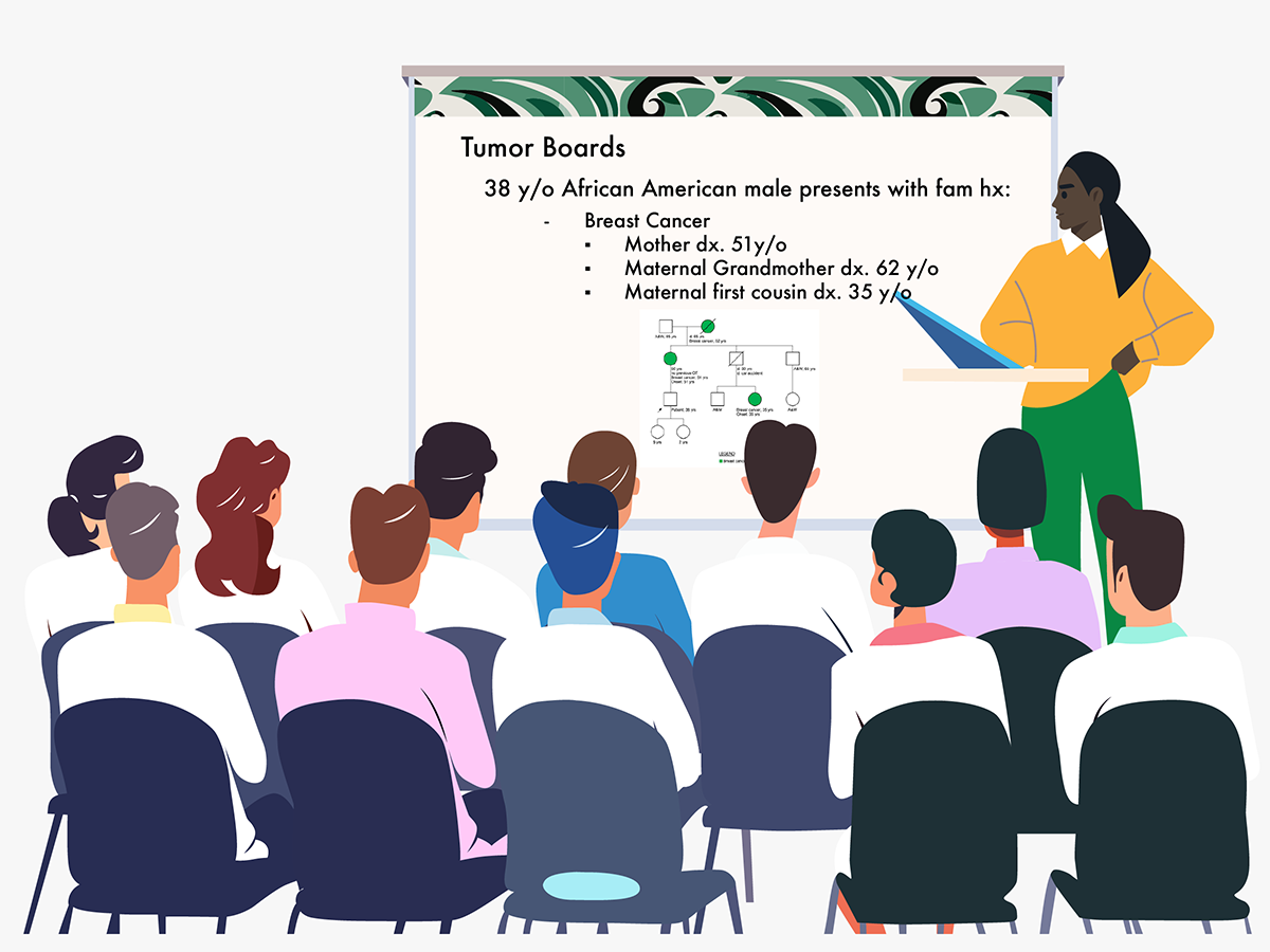 Illustration of speaker presenting genetic information to group of doctors.